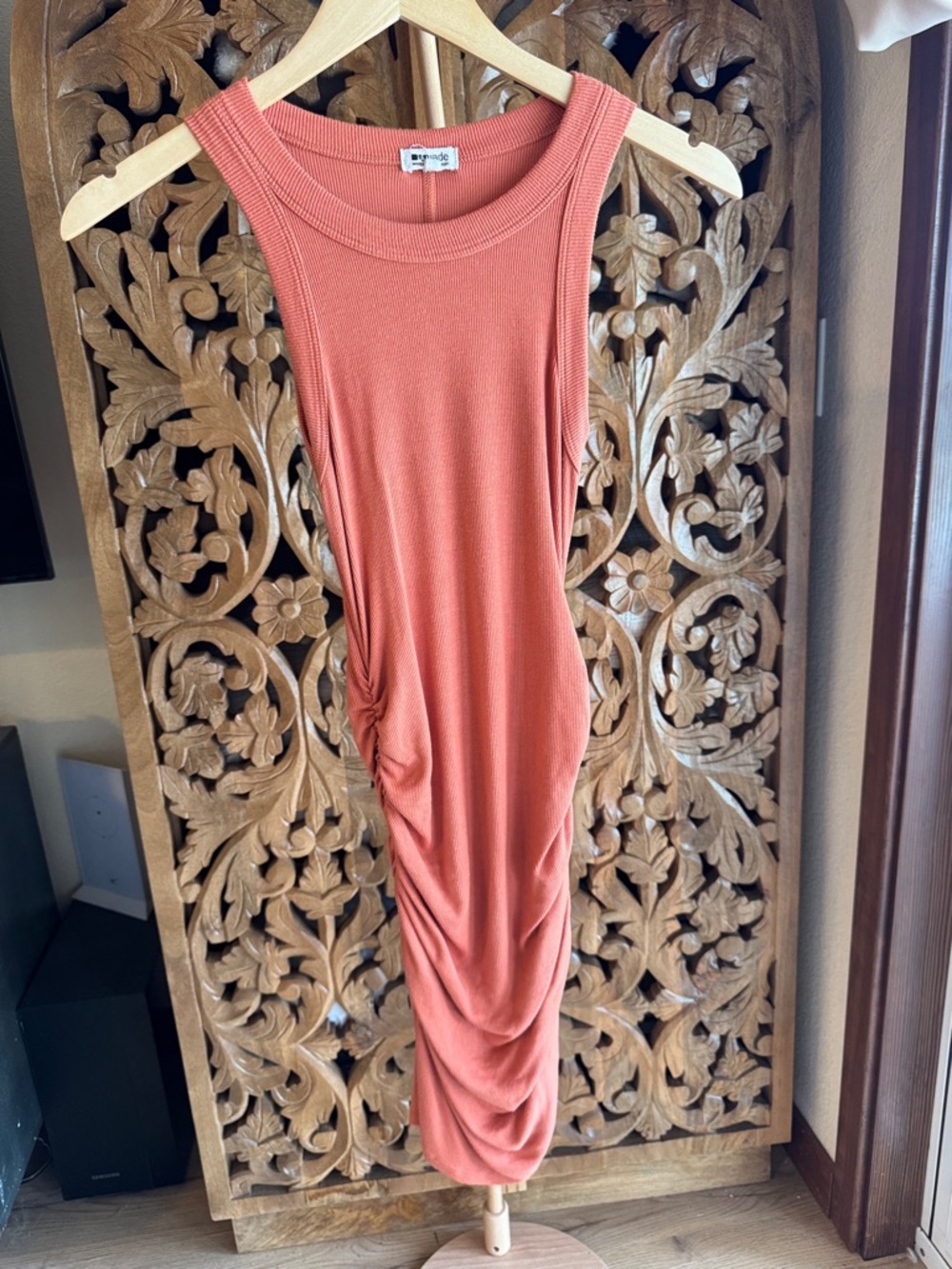 LAmade Rust-Orange Sleeveless Ruched Midi Dress